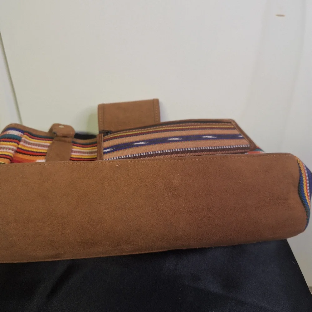 Red and Brown Shoulder Bag with Vibrant Stripes